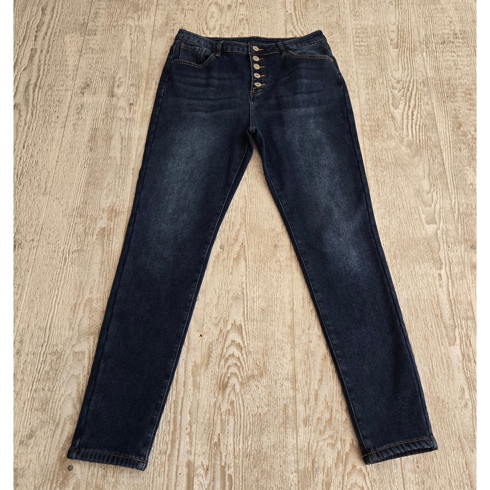 Dark Wash Fleece Lined Winter Fall High Rise Button Fly Skinny Jeans Size L